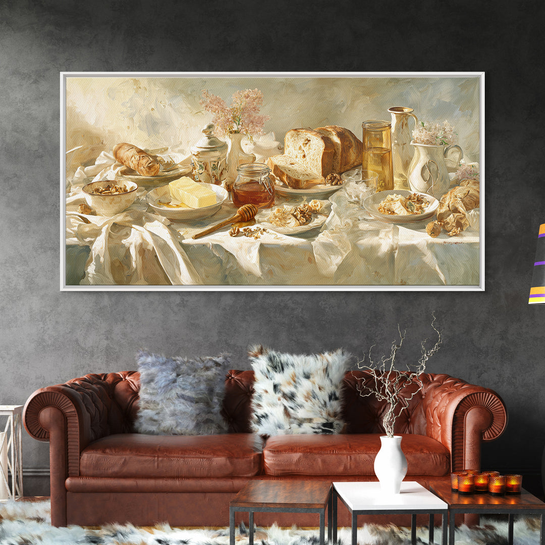 Fresh Bread with Butter and Honey Framed Canvas Print, Kitchen Art, Fine Art Print, Kitchen Decor, Watercolor Art, Kitchen, KIT-2x1-38