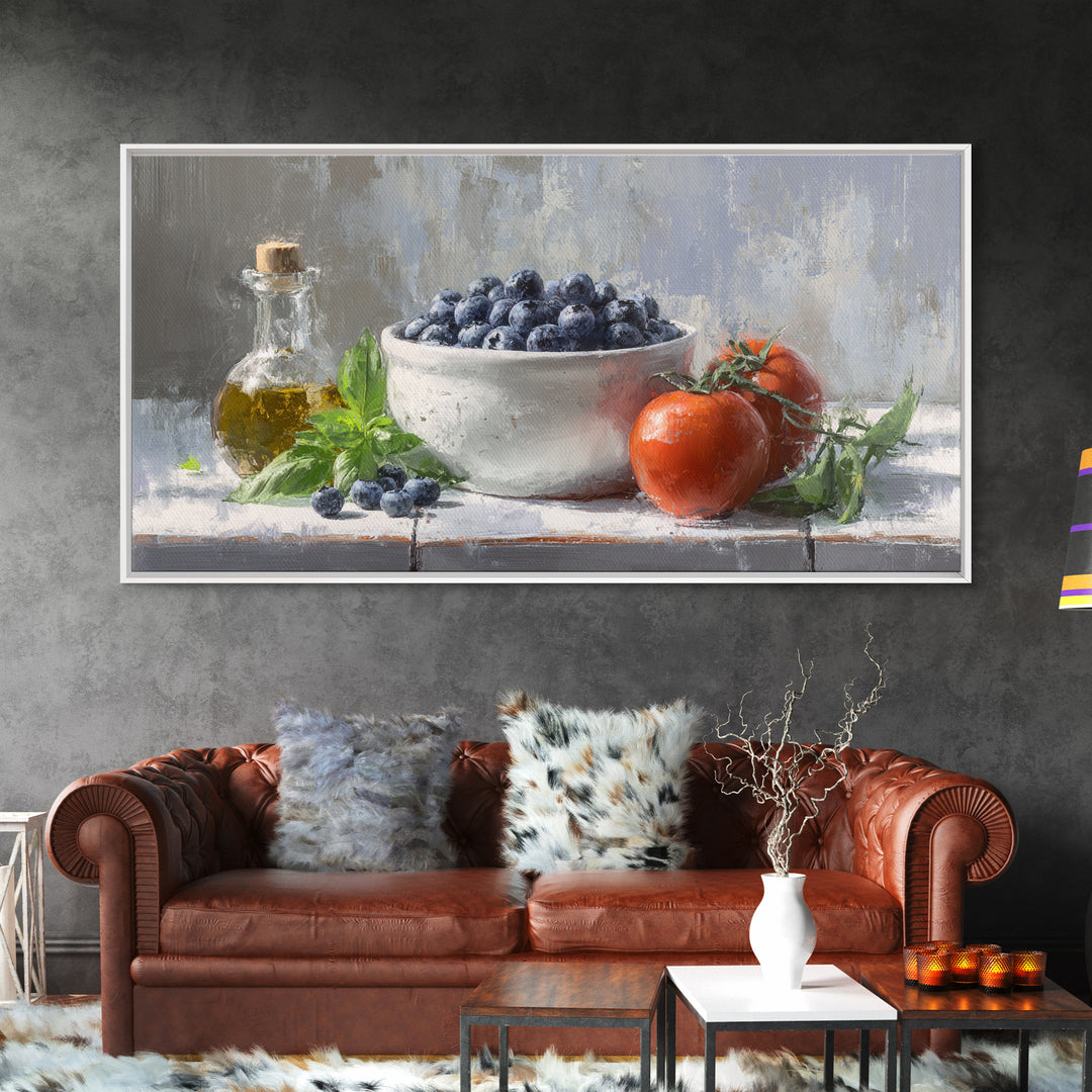 Blueberries in a White Bowl Canvas Print, Kitchen Art, Wall Decor, Kitchen Decor, Oil Painting, Kitchen, Kitchen Wall Decor, KIT-2x1-39