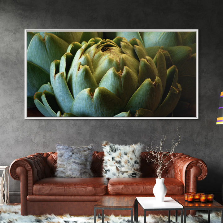 Artichoke Closeup in Painterly Green Tones Framed Canvas Print, Kitchen Art, Home Decor, Kitchen Decor, Fine Art, Kitchen, KIT-2x1-40