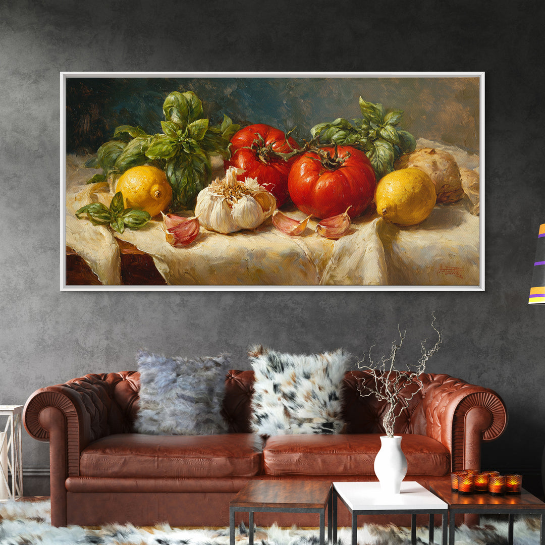 Tomatoes Garlic and Basil on Linen Canvas Print, Kitchen Art, Kitchen Decor, Abstract Art, Kitchen, Trendy Wall Art, KIT-2x1-47