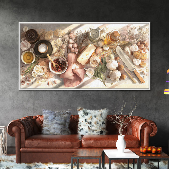Chef Knives and Herbs Arranged as Graphic Canvas Print, Kitchen Art, Contemporary Art, Kitchen Decor, Fine Art, Kitchen, KIT-2x1-54