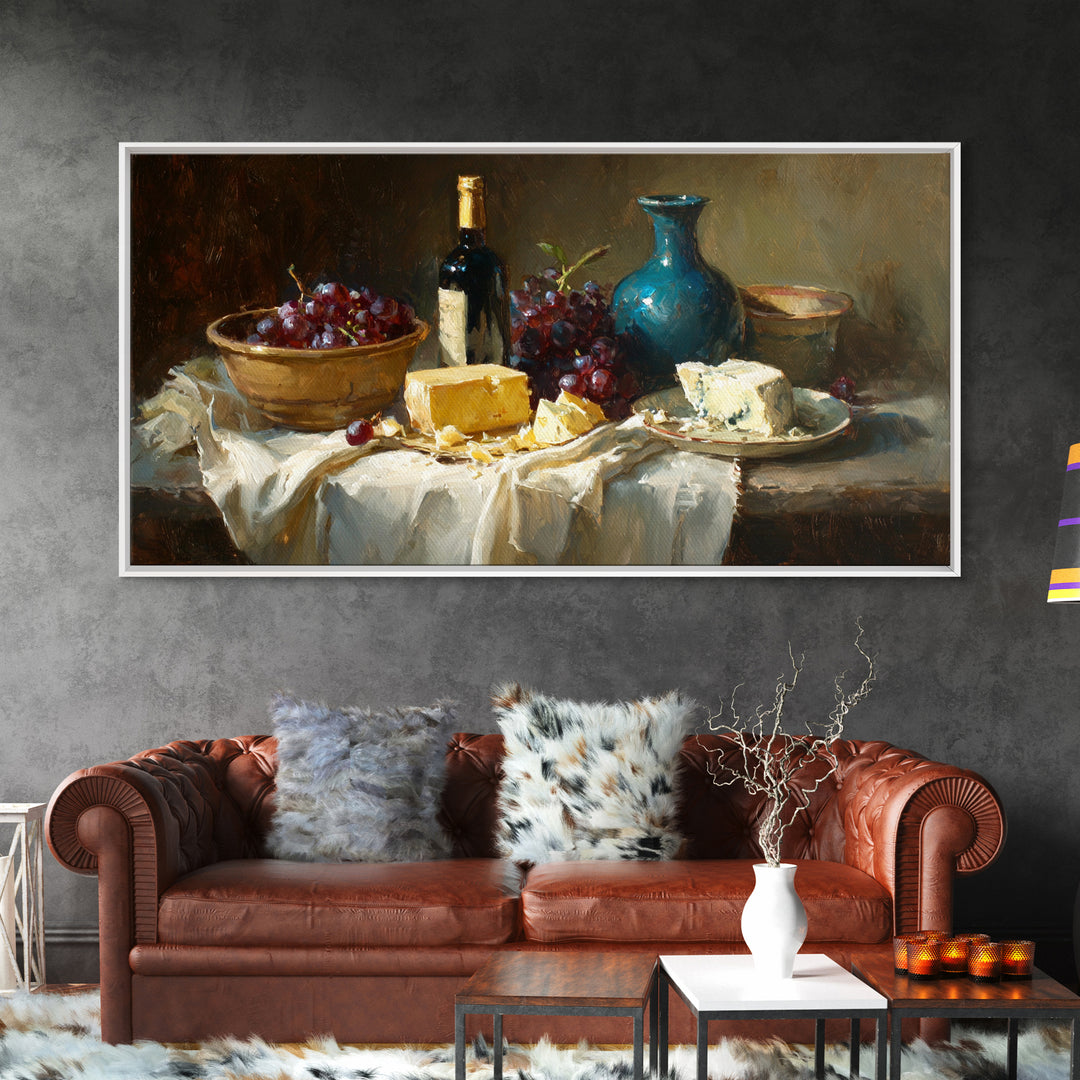 Wine Bottle Grapes and Cheese Still Life Framed Canvas Print, Kitchen Art, Prints, Kitchen Decor, Kitchen, Kitchen Wall Decor, KIT-2x1-56