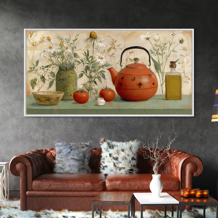 Tea Kettle with Steam and Wildflowers Canvas Print, Kitchen Art, Wall Art, Kitchen Decor, Watercolor Art, Kitchen, KIT-2x1-58