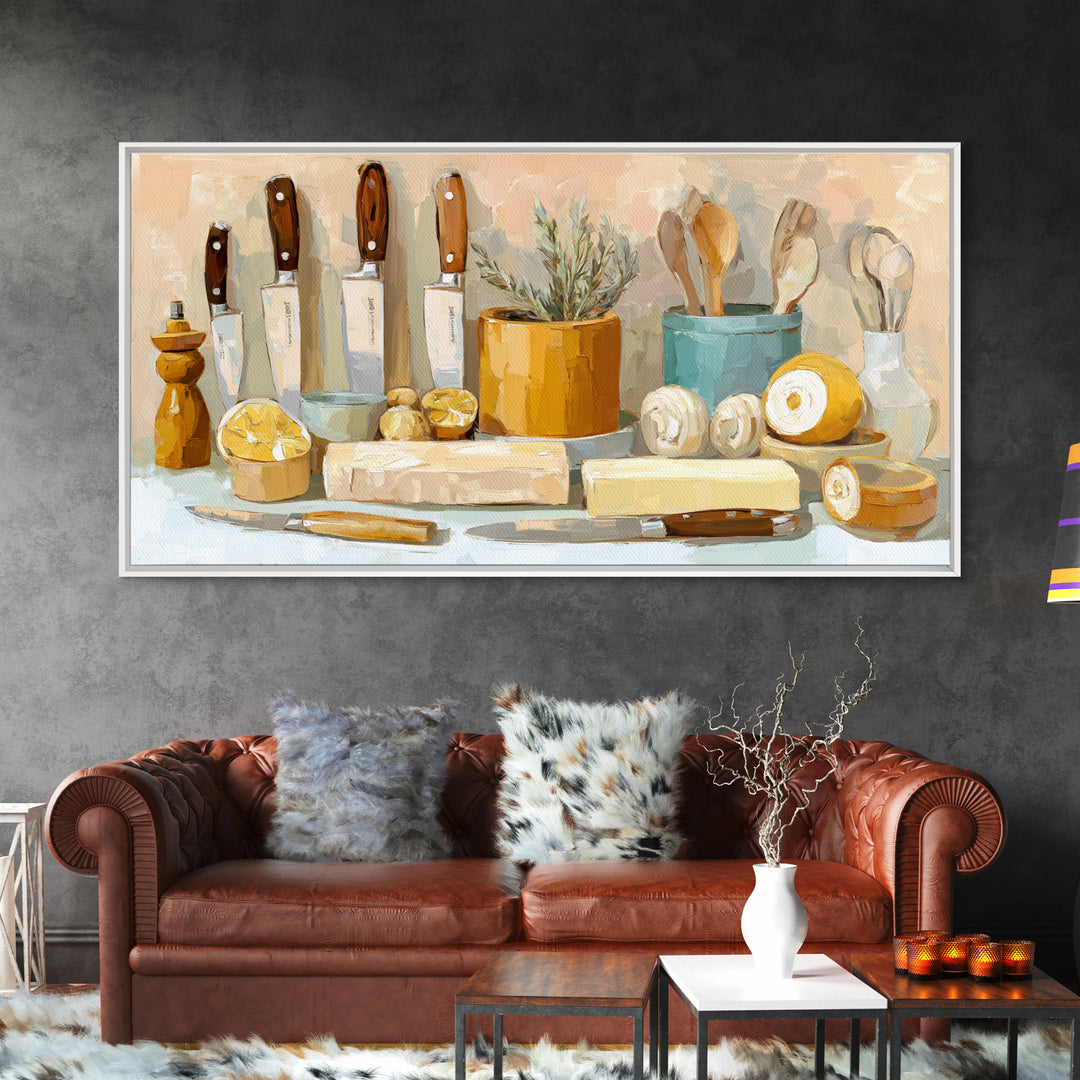 Chef Knives and Herbs Arranged as Graphic Framed Canvas Print, Kitchen Art, Luxury Decor, Kitchen Decor, Fine Art, Kitchen, KIT-2x1-6