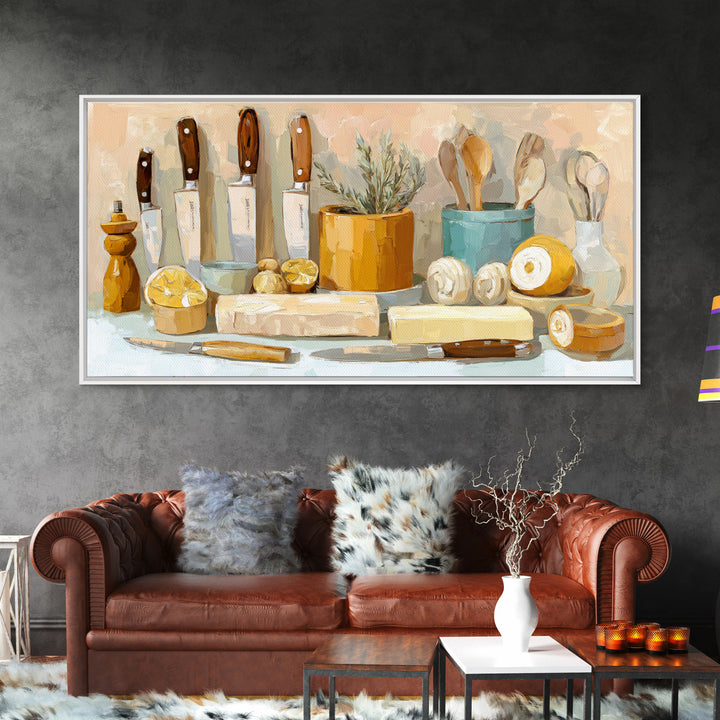Chef Knives and Herbs Arranged as Graphic Framed Canvas Print, Kitchen Art, Luxury Decor, Kitchen Decor, Fine Art, Kitchen, KIT-2x1-6