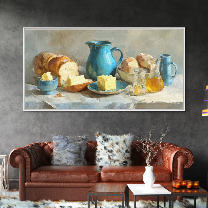 Fresh Bread with Butter and Honey Canvas Print, Kitchen Art, Room Decor, Kitchen Decor, Oil Painting, Kitchen, Digital Art, KIT-2x1-62