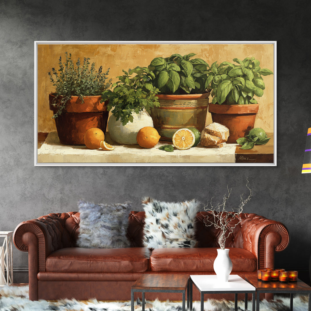 Fresh Herbs in Terracotta Pots Canvas Print, Kitchen Art, Kitchen Decor, Kitchen, Trendy Wall Art, Dining Room Wall Art, KIT-2x1-69