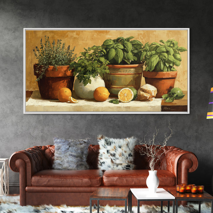 Fresh Herbs in Terracotta Pots Canvas Print, Kitchen Art, Kitchen Decor, Kitchen, Trendy Wall Art, Dining Room Wall Art, KIT-2x1-69
