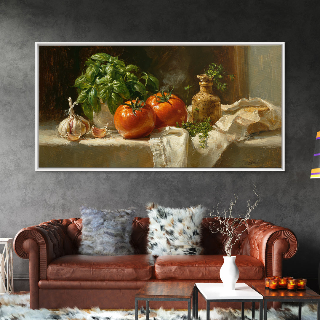 Tomatoes Garlic and Basil on Linen Canvas Print, Kitchen Art, Poster Art, Kitchen Decor, Fine Art, Kitchen, Boho Decor, KIT-2x1-71