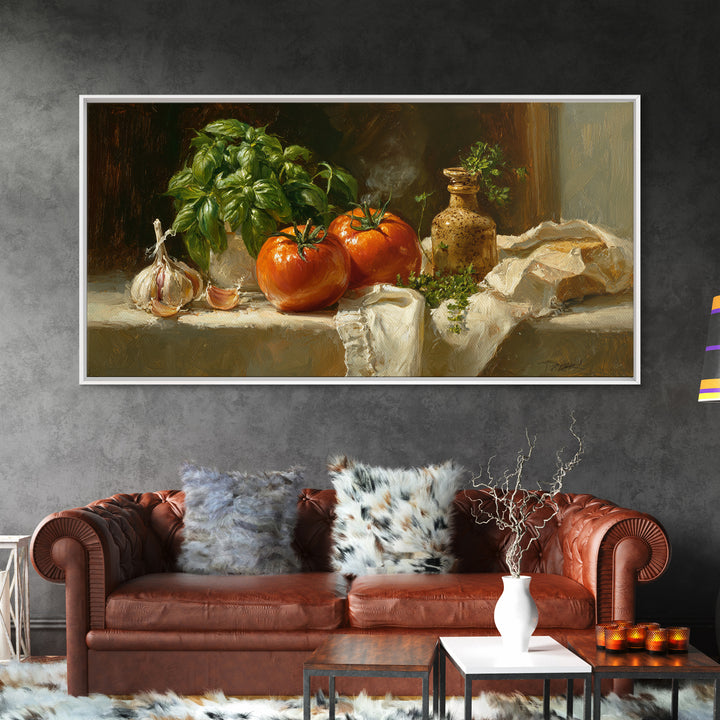 Tomatoes Garlic and Basil on Linen Canvas Print, Kitchen Art, Poster Art, Kitchen Decor, Fine Art, Kitchen, Boho Decor, KIT-2x1-71
