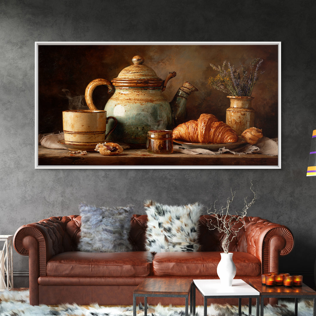 Coffee Pot and Croissant Morning Still Life Framed Canvas Print, Kitchen Art, Boho Decor, Kitchen Decor, Fine Art, Kitchen, KIT-2x1-75