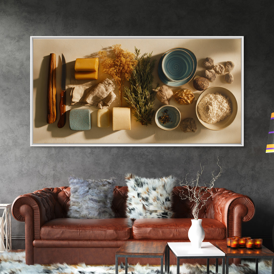 Chef Knives and Herbs Arranged as Graphic Canvas Print, Kitchen Art, Contemporary Art, Kitchen Decor, Fine Art, Kitchen, KIT-2x1-78