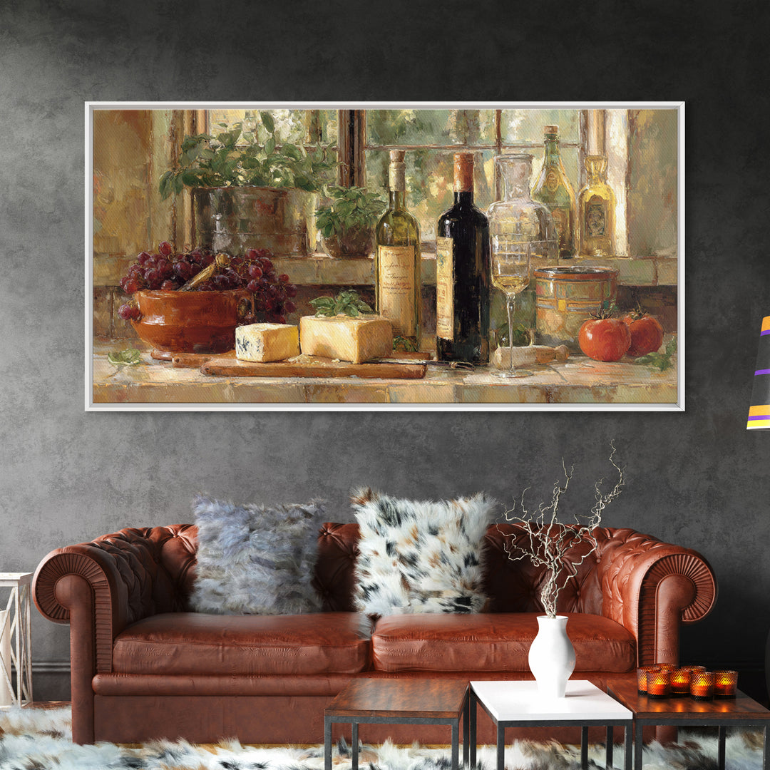 Wine Bottle Grapes and Cheese Still Life Framed Canvas Print, Kitchen Art, Kitchen Decor, Fine Art, Kitchen, Kitchen Art Print, KIT-2x1-80