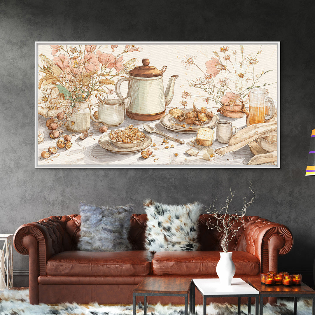 Tea Kettle with Steam and Wildflowers Canvas Print, Kitchen Art, Wall Art, Kitchen Decor, Watercolor Art, Kitchen, KIT-2x1-82