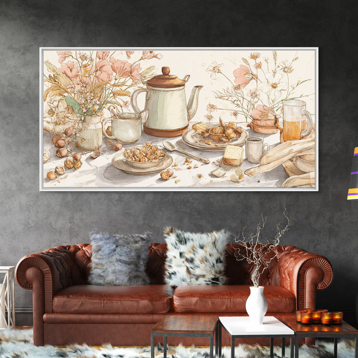 Tea Kettle with Steam and Wildflowers Canvas Print, Kitchen Art, Wall Art, Kitchen Decor, Watercolor Art, Kitchen, KIT-2x1-82