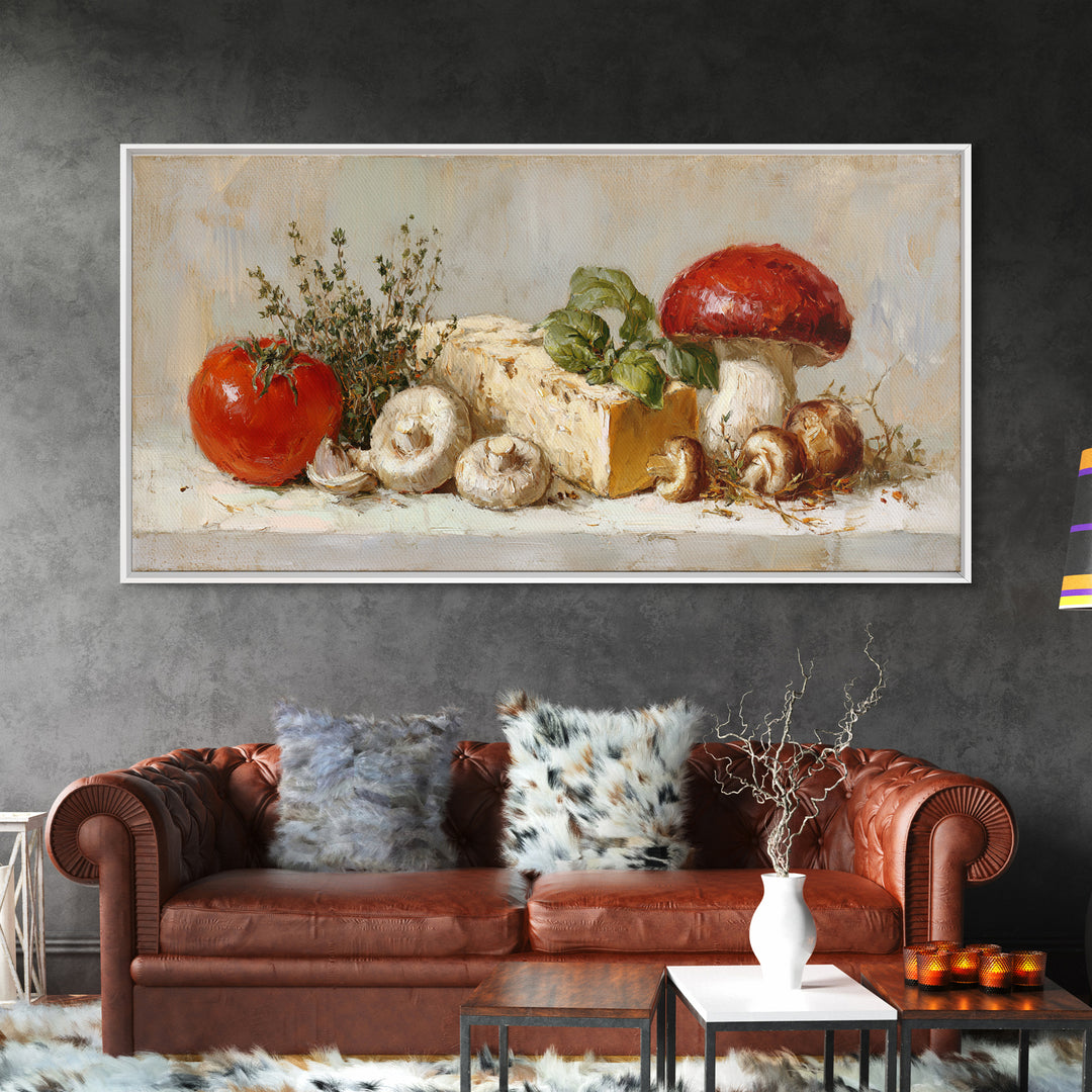 Mushrooms and Thyme Botanical Study Framed Canvas Print, Kitchen Art, Contemporary Art, Kitchen Decor, Oil Painting, Kitchen, KIT-2x1-83