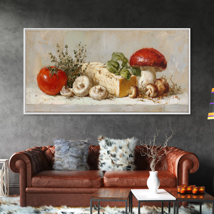 Mushrooms and Thyme Botanical Study Framed Canvas Print, Kitchen Art, Contemporary Art, Kitchen Decor, Oil Painting, Kitchen, KIT-2x1-83