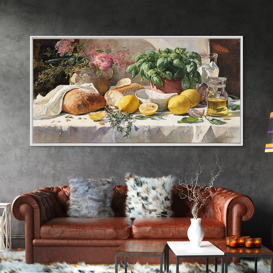 Pasta Lemons and Basil Mediterranean Still Life Framed Canvas Print, Kitchen Art, Digital Wall Art, Kitchen Decor, Kitchen, KIT-2x1-85
