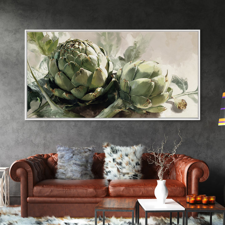Artichoke Closeup in Painterly Green Tones Framed Canvas Print, Kitchen Art, Kitchen Wall Art, Kitchen Decor, Fine Art, Kitchen, KIT-2x1-88