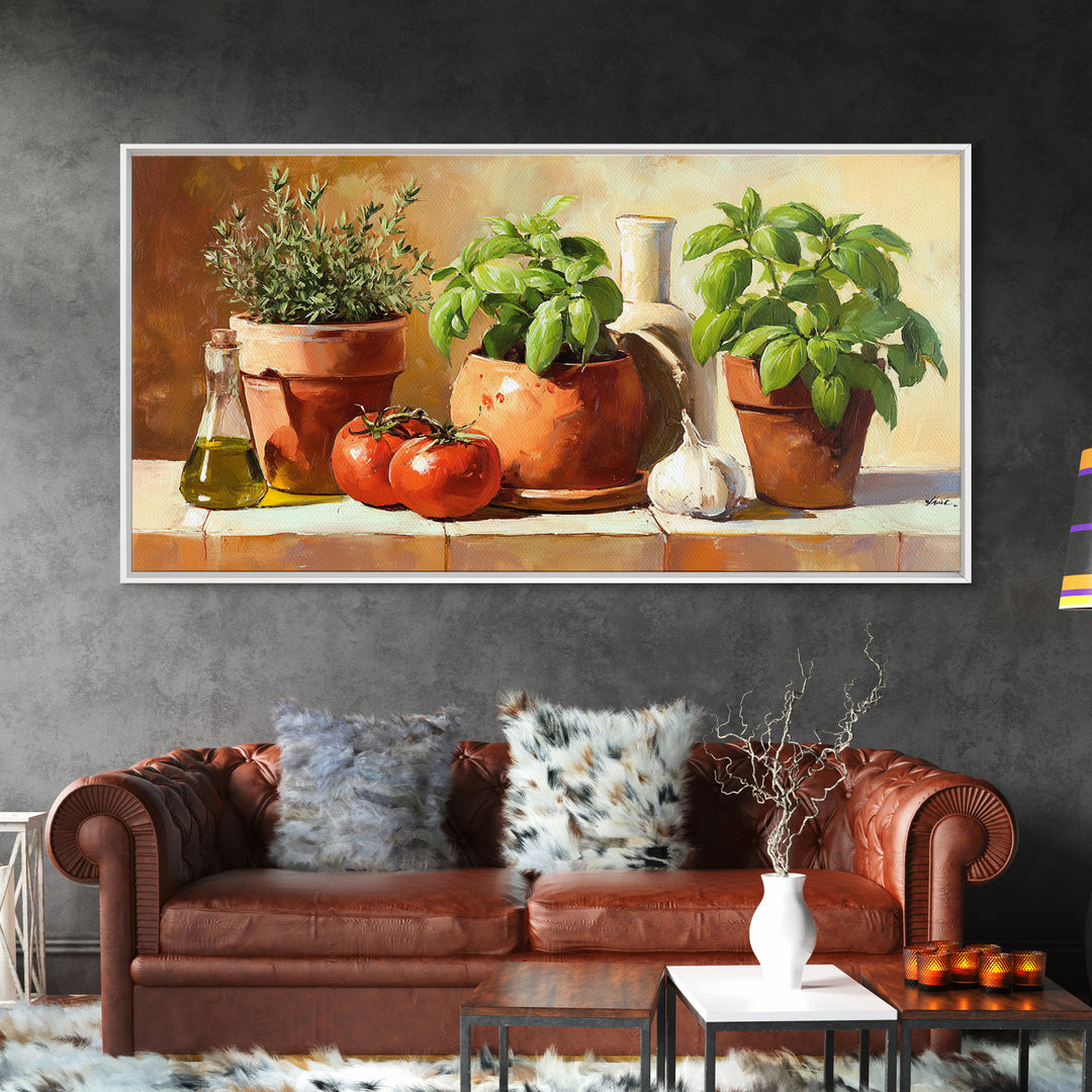 Fresh Herbs in Terracotta Pots Canvas Print, Kitchen Art, Kitchen Decor, Kitchen, Trendy Wall Art, Dining Room Wall Art, KIT-2x1-93