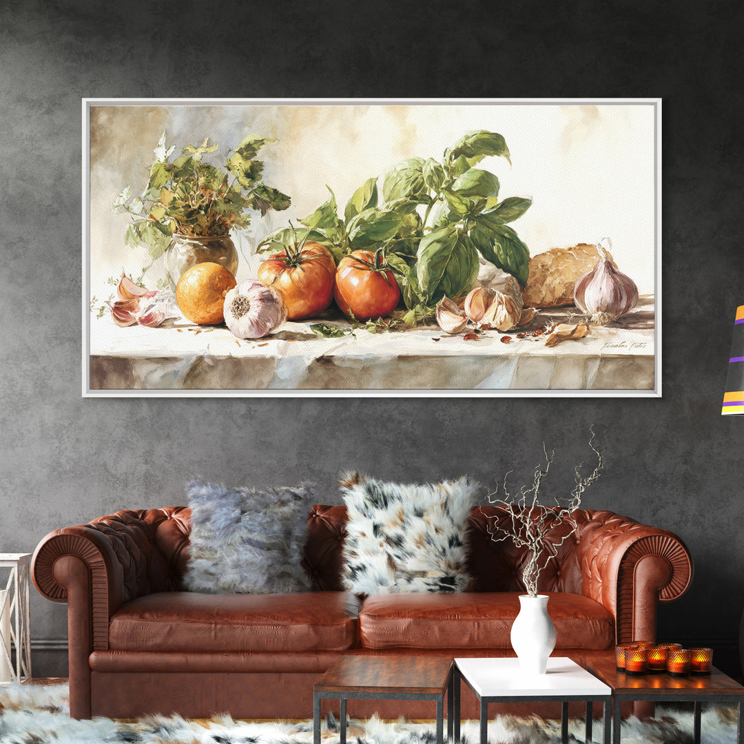 Tomatoes Garlic and Basil on Linen Framed Canvas Print, Kitchen Art, Kitchen Art Print, Kitchen Decor, Fine Art, Kitchen, KIT-2x1-95