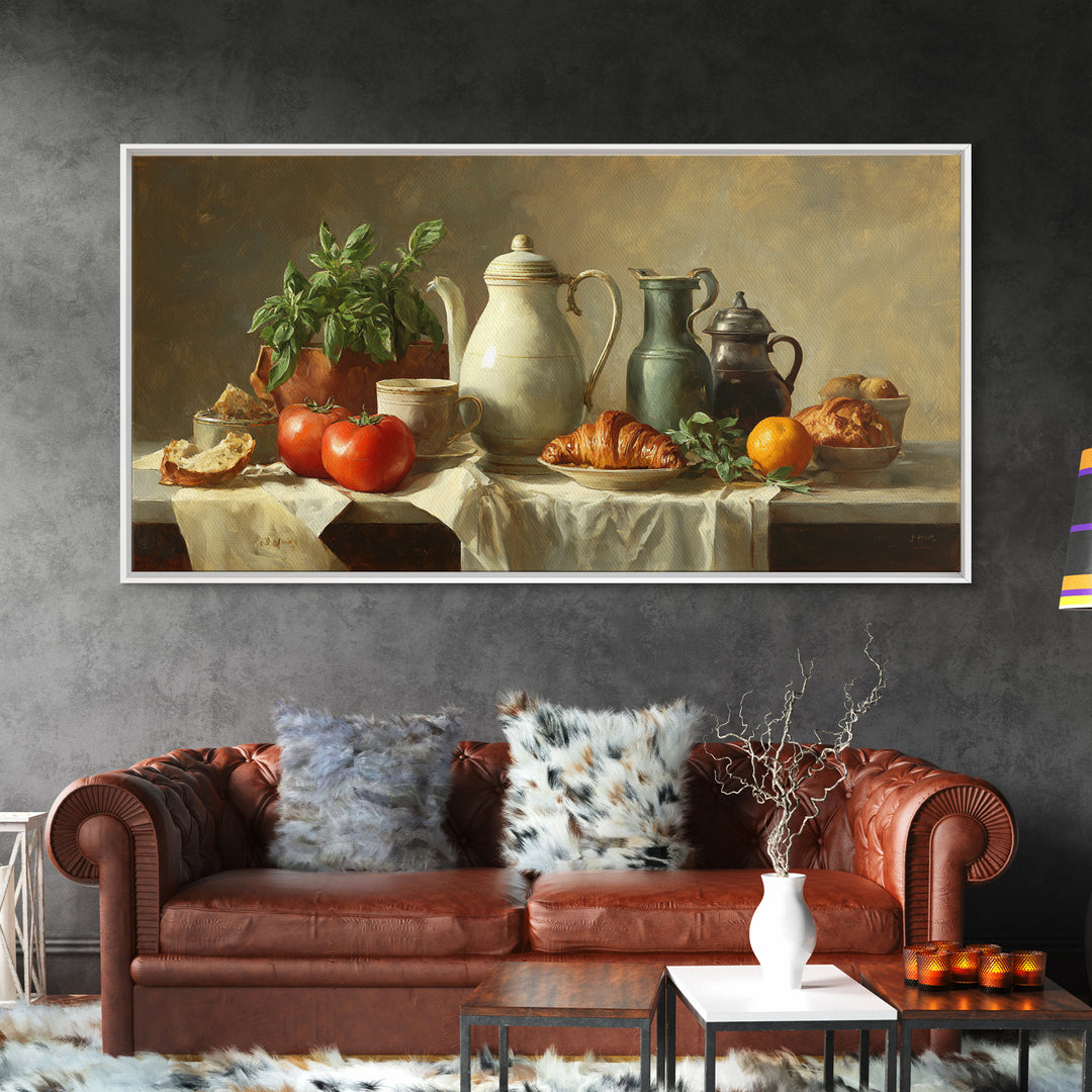 Coffee Pot and Croissant Morning Still Life Framed Canvas Print, Kitchen Art, Printable Art, Kitchen Decor, Fine Art, Kitchen, KIT-2x1-99