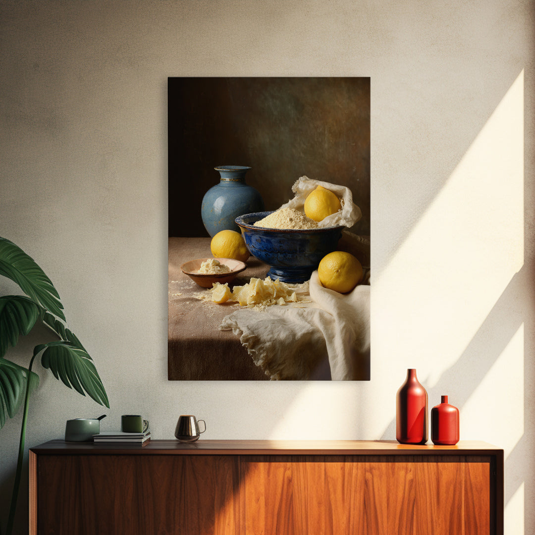 Lemons and Blue Ceramic Bowl Still Life Canvas Print, Kitchen Art, Luxury Decor, Kitchen Decor, Fine Art, Kitchen, Art Prints, KIT-2x3-10