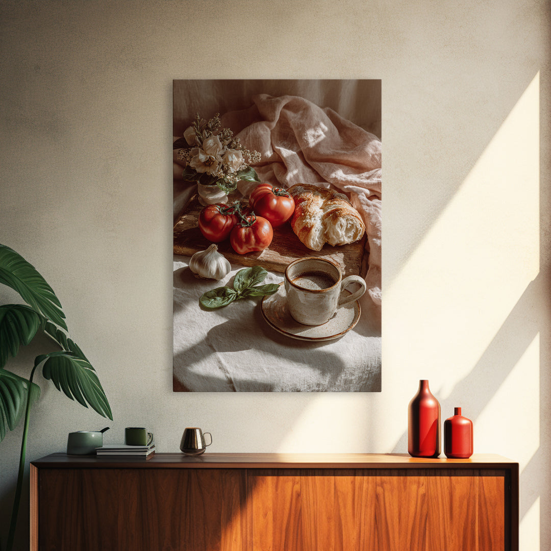 Tomatoes Garlic and Basil on Linen Canvas Print, Kitchen Art, Bar Cart Decor, Kitchen Decor, Kitchen, Minimalist Decor, KIT-2x3-11
