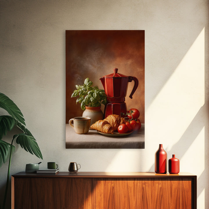 Coffee Pot and Croissant Morning Still Life Canvas Print, Kitchen Art, Gallery Decor, Kitchen Decor, Fine Art, Kitchen, KIT-2x3-15