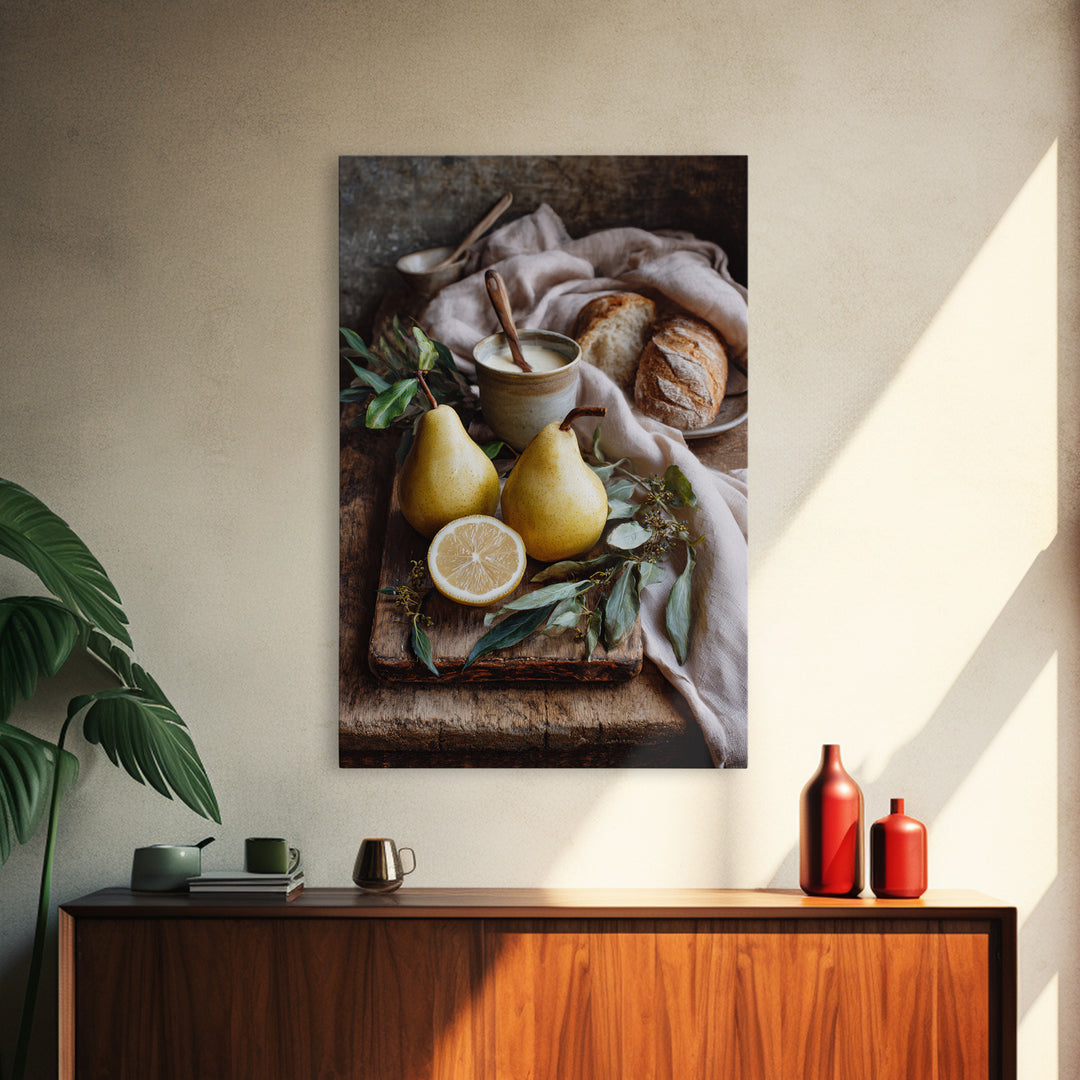 Farmhouse Pears on a Wooden Board Framed Canvas Print, Kitchen Art, Wall Decor, Kitchen Decor, Abstract Art, Kitchen, KIT-2x3-17