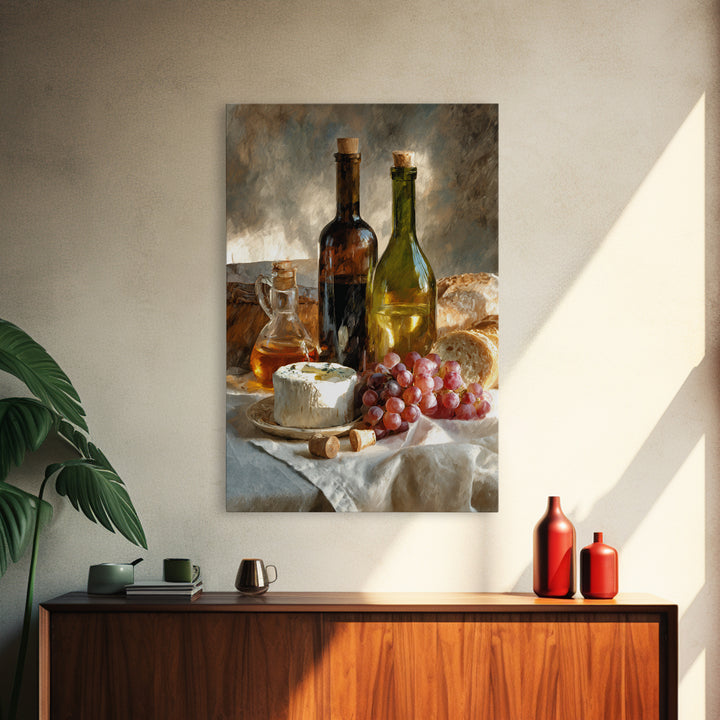 Wine Bottle Grapes and Cheese Still Life Framed Canvas Print, Kitchen Art, Print, Kitchen Decor, Oil Painting, Kitchen, KIT-2x3-20