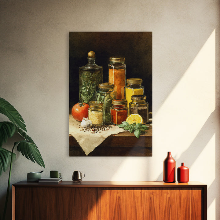 Watercolor Spice Jars Without Readable Labels Framed Canvas Print, Kitchen Art, Kitchen Decor, Oil Painting, Kitchen, KIT-2x3-21