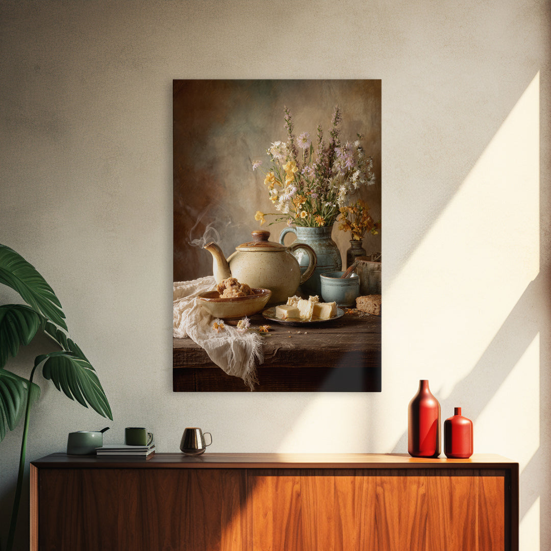 Tea Kettle with Steam and Wildflowers Framed Canvas Print, Kitchen Art, Textured Painting, Kitchen Decor, Fine Art, Kitchen, KIT-2x3-22