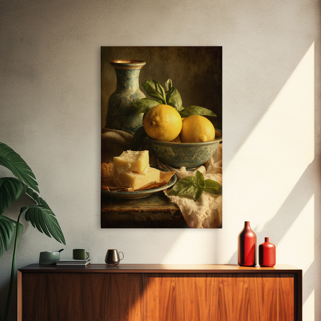 Pasta Lemons and Basil Mediterranean Still Life Framed Canvas Print, Kitchen Art, Wall Art, Kitchen Decor, Fine Art, Kitchen, KIT-2x3-25
