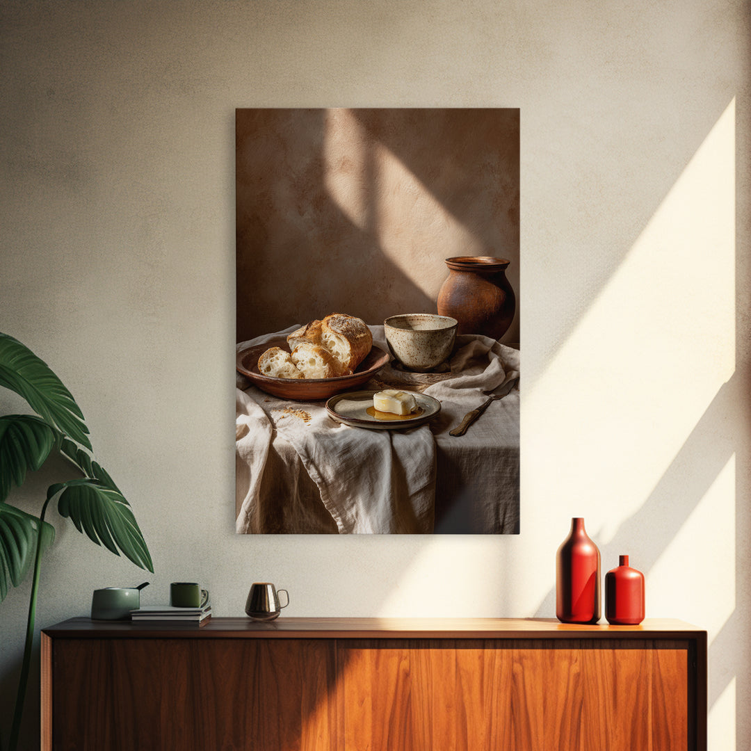 Fresh Bread with Butter and Honey Framed Canvas Print, Kitchen Art, Boho Decor, Kitchen Decor, Abstract Art, Kitchen, KIT-2x3-26