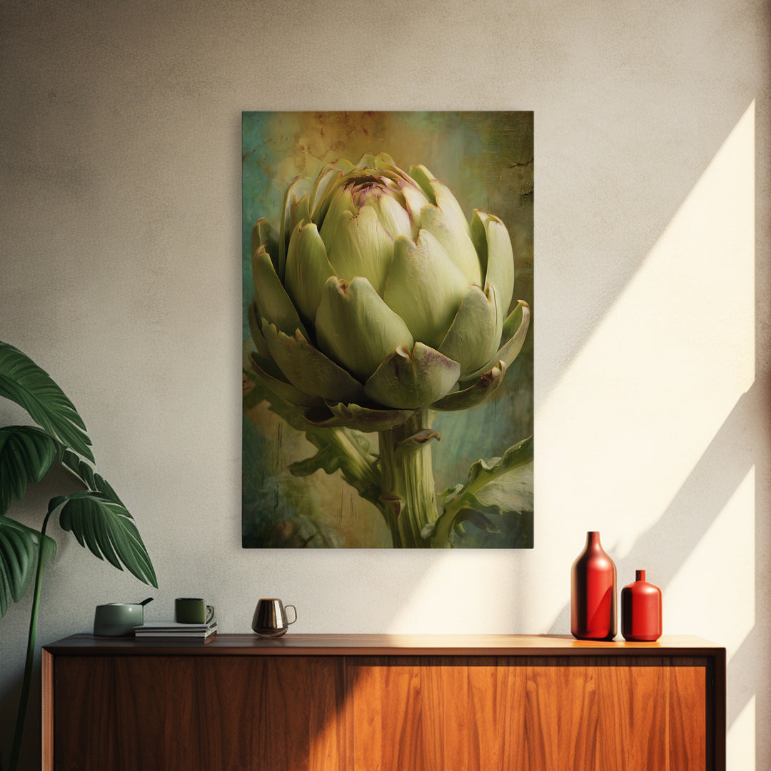 Artichoke Closeup in Painterly Green Tones Framed Canvas Print, Kitchen Art, Digital Print, Kitchen Decor, Fine Art, Kitchen, KIT-2x3-28