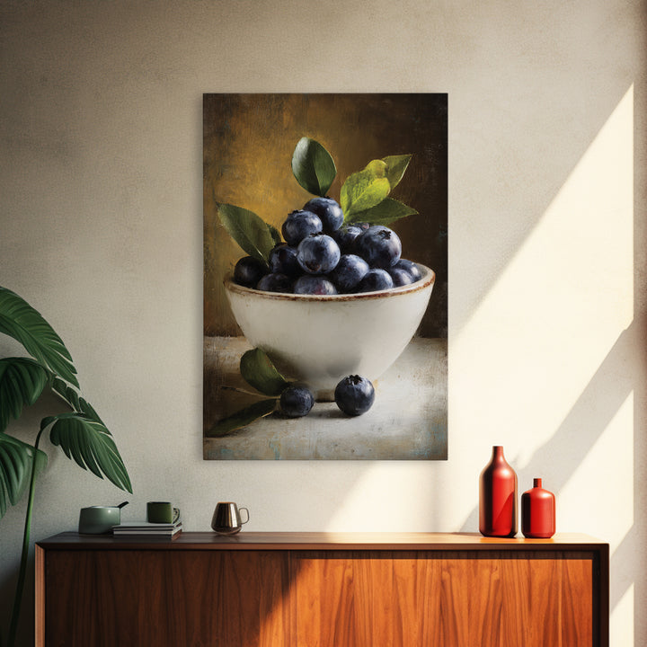Blueberries in a White Bowl Framed Canvas Print, Kitchen Art, Coffee Print, Kitchen Decor, Fine Art, Kitchen, Textured Painting, KIT-2x3-3
