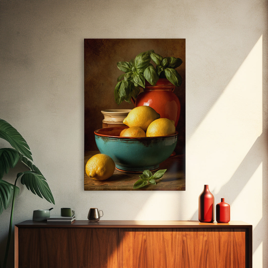Lemons and Blue Ceramic Bowl Still Life Framed Canvas Print, Kitchen Art, Contemporary Art, Kitchen Decor, Fine Art, Kitchen, KIT-2x3-34