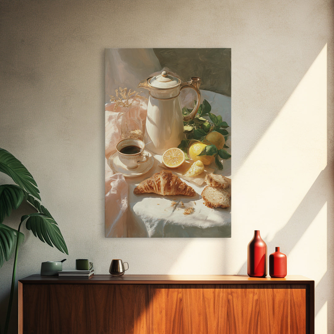 Coffee Pot and Croissant Morning Still Life Canvas Print, Kitchen Art, Minimalist Decor, Kitchen Decor, Fine Art, Kitchen, KIT-2x3-39