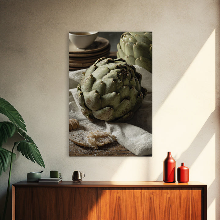 Artichoke Closeup in Painterly Green Tones Framed Canvas Print, Kitchen Art, Statement Artwork, Kitchen Decor, Kitchen, KIT-2x3-4