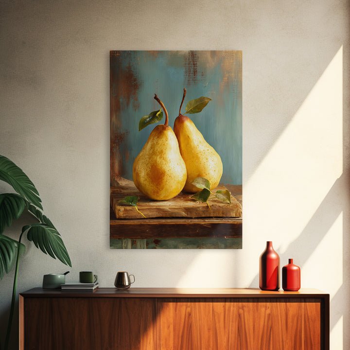 Farmhouse Pears on a Wooden Board Framed Canvas Print, Kitchen Art, Wall Decor, Kitchen Decor, Abstract Art, Kitchen, KIT-2x3-41