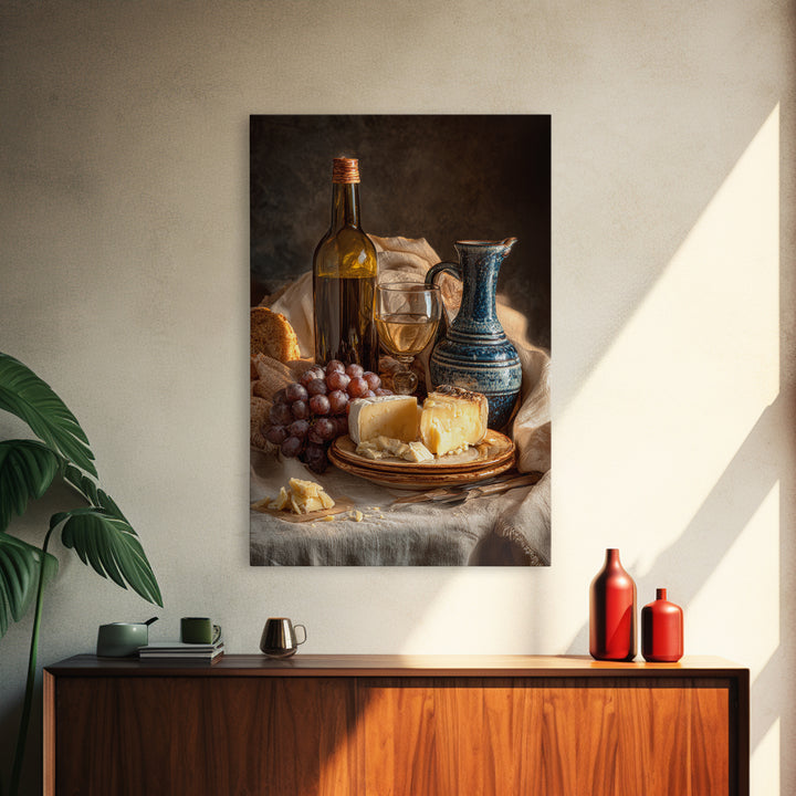 Wine Bottle Grapes and Cheese Still Life Framed Canvas Print, Kitchen Art, Kitchen Art Print, Kitchen Decor, Watercolor Art, KIT-2x3-44