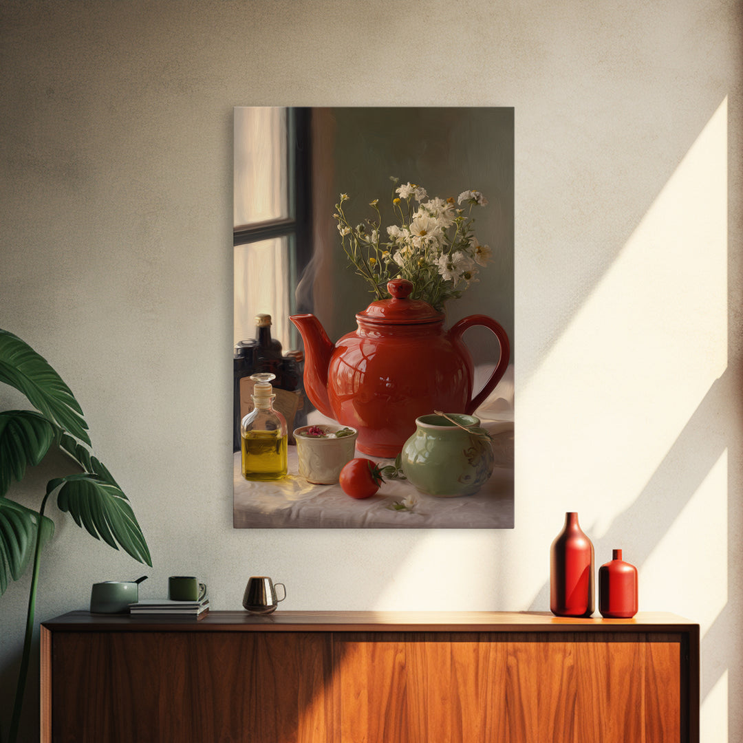 Tea Kettle with Steam and Wildflowers Framed Canvas Print, Kitchen Art, Textured Painting, Kitchen Decor, Fine Art, Kitchen, KIT-2x3-46
