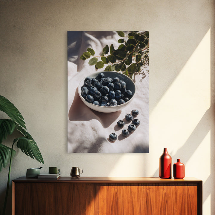 Blueberries in a White Bowl Framed Canvas Print, Kitchen Art, Room Decor, Kitchen Decor, Oil Painting, Kitchen, Digital Art, KIT-2x3-51