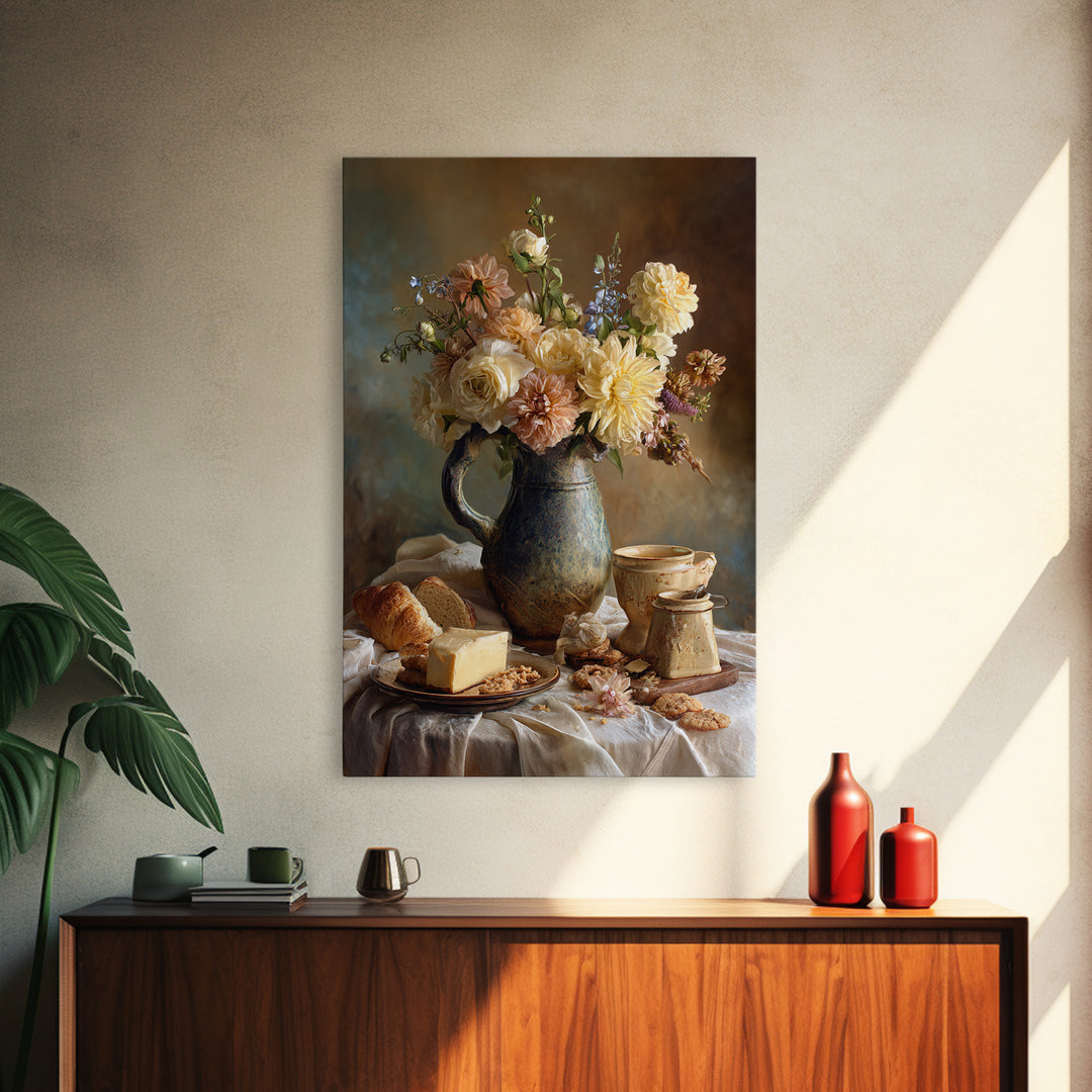 Floral Bouquet in a Kitchen Pitcher Framed Canvas Print, Kitchen Art, Neutral Decor, Kitchen Decor, Fine Art, Kitchen, KIT-2x3-56