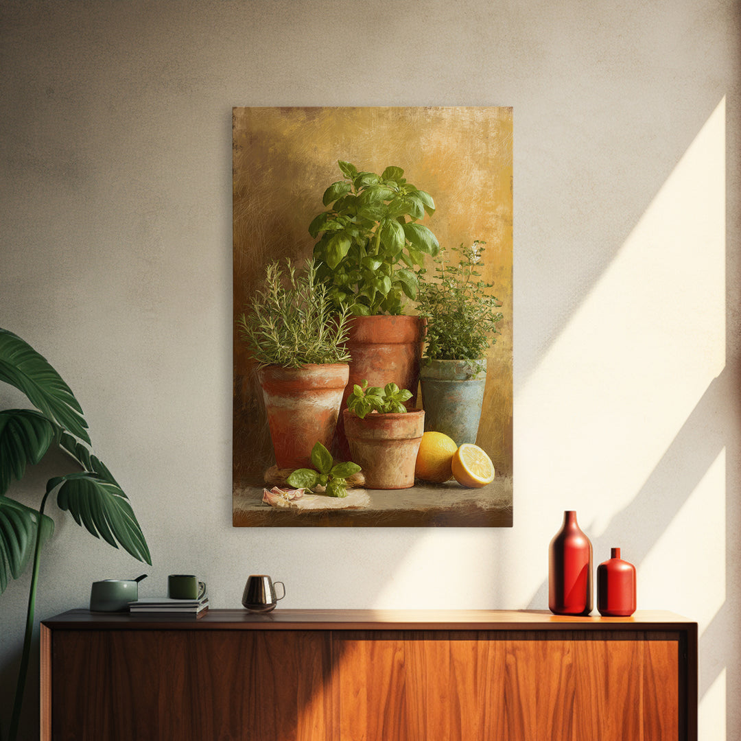 Fresh Herbs in Terracotta Pots Canvas Print, Kitchen Art, Digital Print, Kitchen Decor, Oil Painting, Kitchen, Kitchen Print, KIT-2x3-57