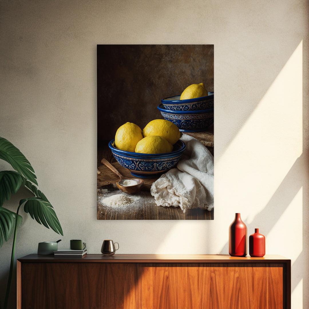 Lemons and Blue Ceramic Bowl Still Life Canvas Print, Kitchen Art, Prints, Kitchen Decor, Fine Art, Kitchen, Kitchen Wall Decor, KIT-2x3-58