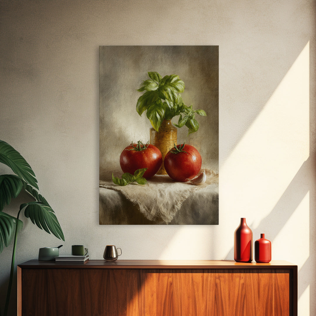 Tomatoes Garlic and Basil on Linen Framed Canvas Print, Kitchen Art, Kitchen, Kitchen Decor, Abstract Art, Kitchen, KIT-2x3-59