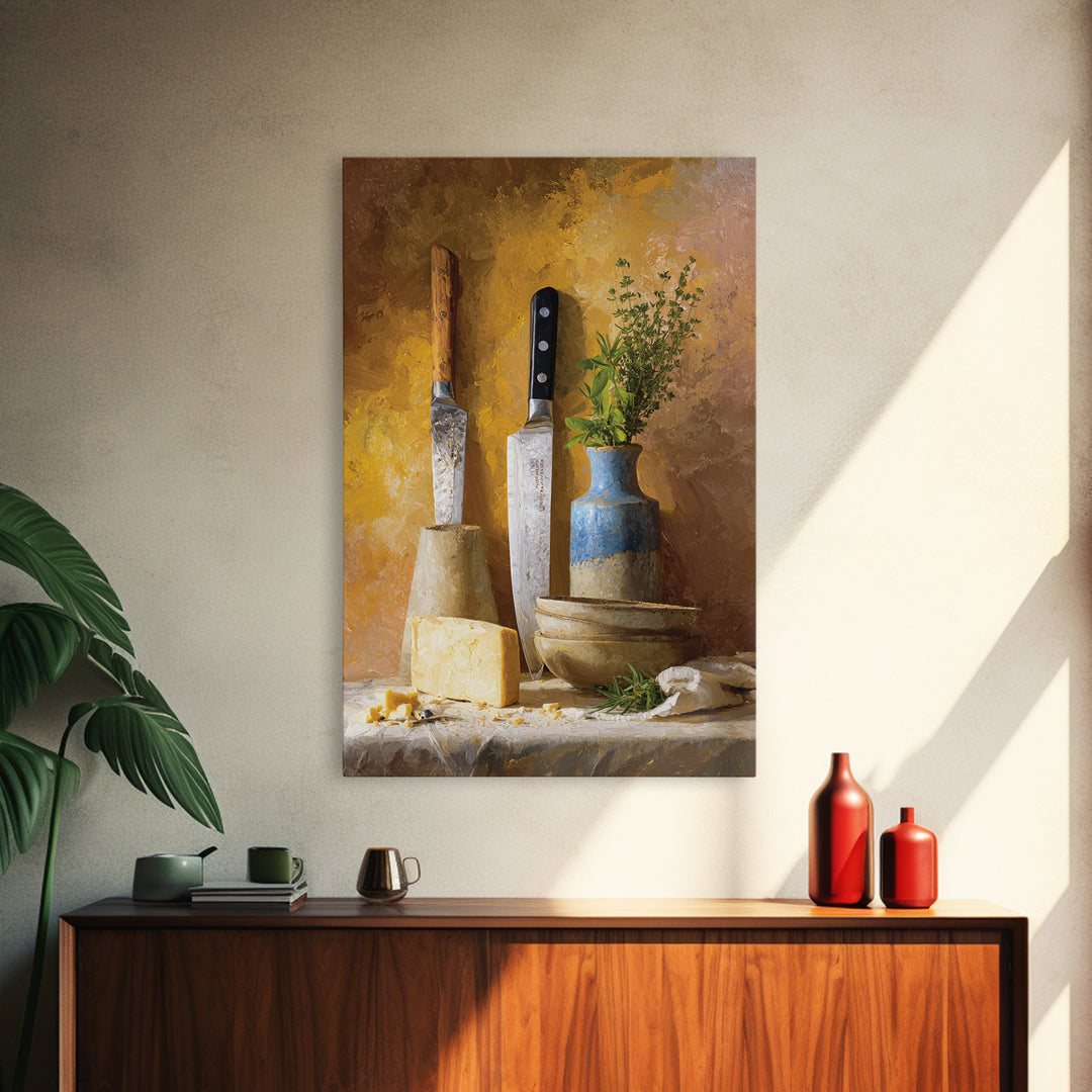 Chef Knives and Herbs Arranged as Graphic Canvas Print, Kitchen Art, Home Decor, Kitchen Decor, Oil Painting, Kitchen, KIT-2x3-66