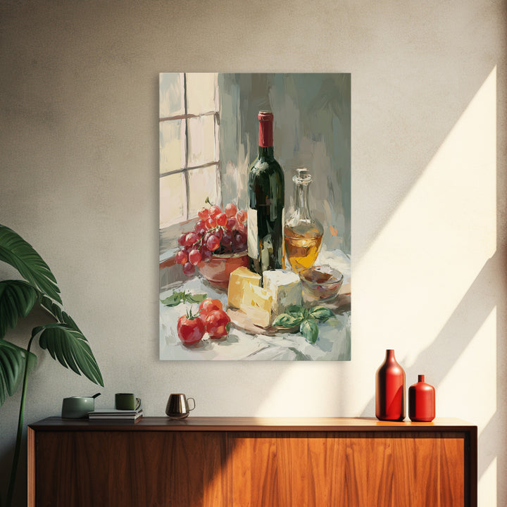 Wine Bottle Grapes and Cheese Still Life Framed Canvas Print, Kitchen Art, Digital Art, Kitchen Decor, Fine Art, Kitchen, KIT-2x3-68